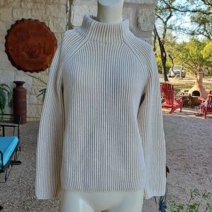 Lands' End Drifter Mock Turtle Neck Striped Beige Tan Cotton Knit Sweater S 2-4